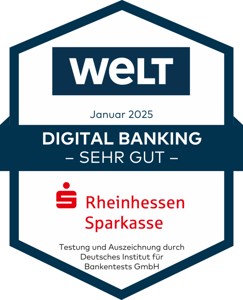 Auszeichnung mit dem Schriftzug 'WELT Januar 2025', darunter 'DIGITAL BANKING SEHR GUT', und dem roten Logo der Rheinhessen Sparkasse. Unten steht 'Testung und Auszeichnung durch Deutsches Institut für Bankentests GmbH'.