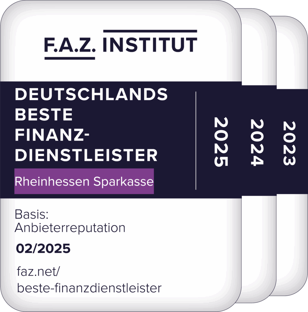 Auszeichnung des F.A.Z. Instituts für Rheinhessen Sparkasse als Deutschlands bester Finanzdienstleister 2023 bis 2025, Basis Anbieterreputation, mit Webadresse faz.net/beste-finanzdienstleister.