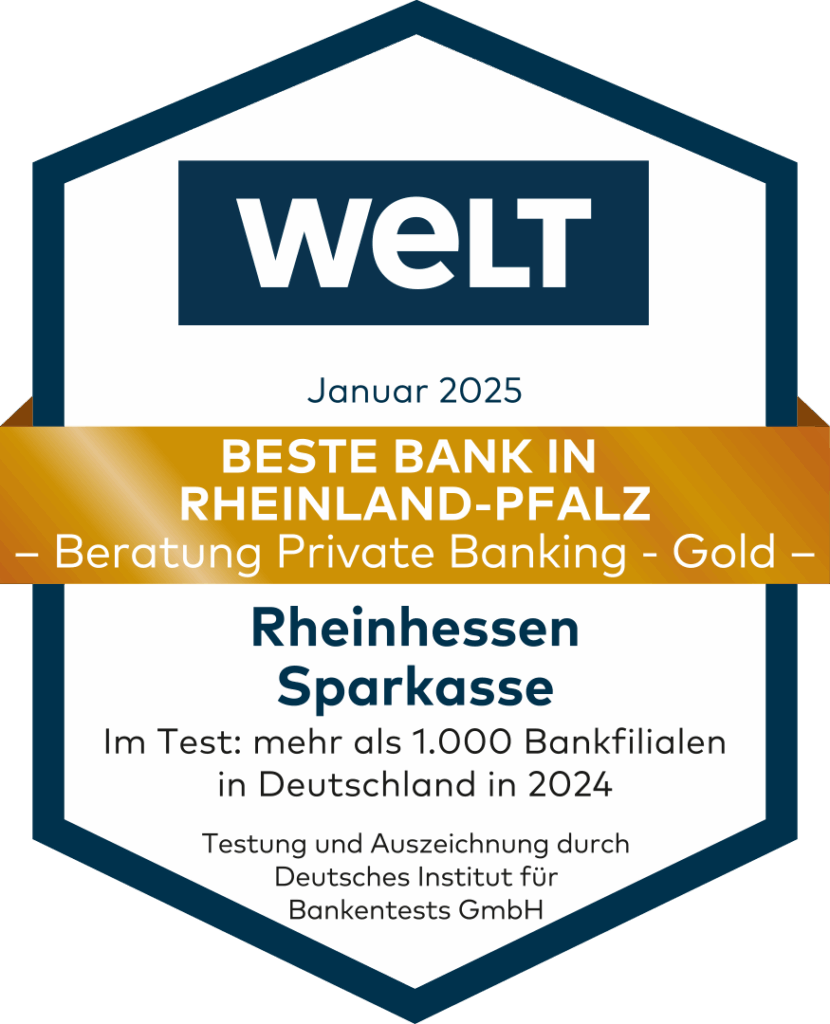 Auszeichnung von WELT für Rheinhessen Sparkasse als beste Bank in Rheinland-Pfalz für Beratung Private Banking, Januar 2025, Test und Auszeichnung durch Deutsches Institut für Bankentests GmbH.