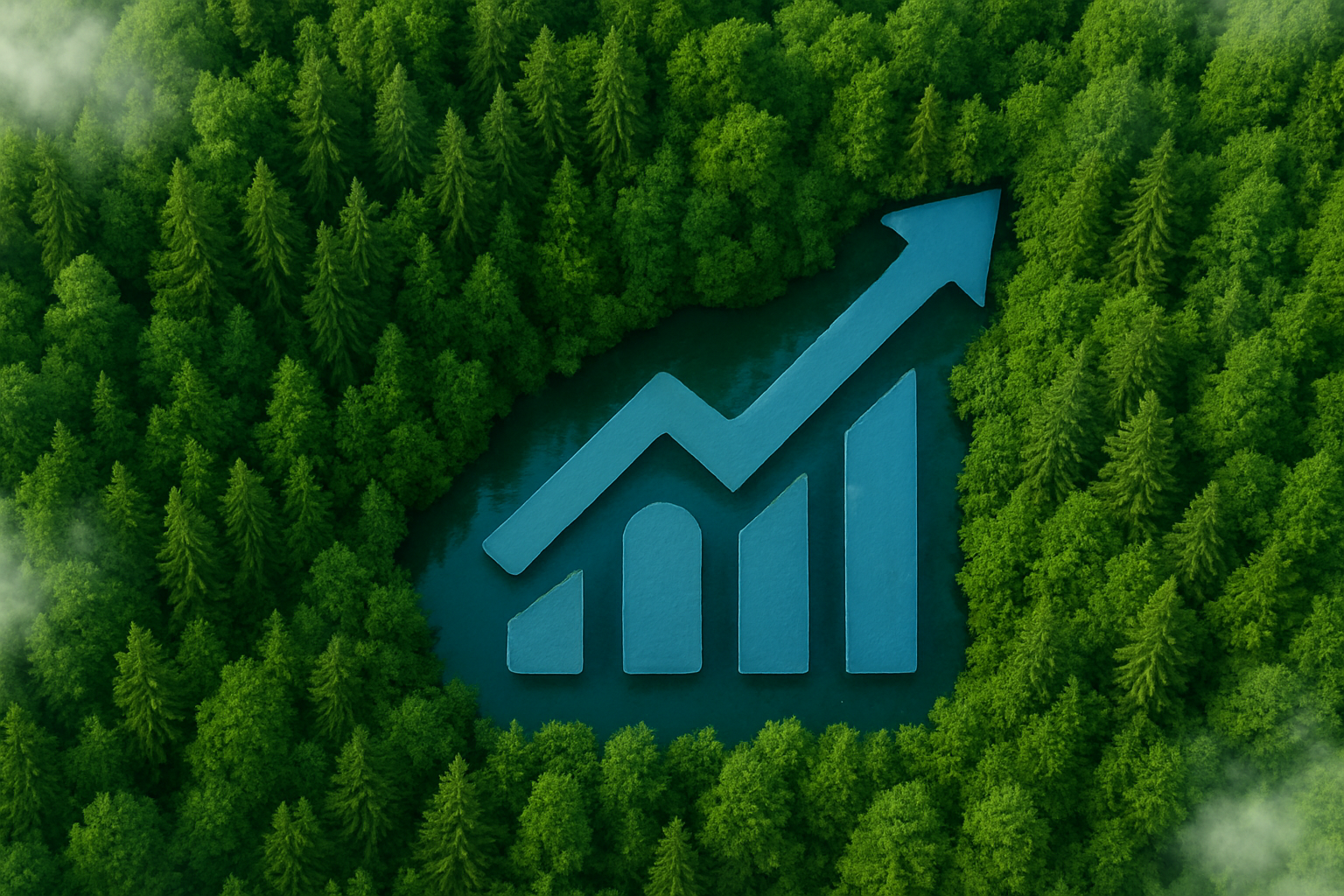 Luftaufnahme eines dichten Nadelwalds mit einer Lichtung in Form eines Balkendiagramms mit aufsteigendem Pfeil.