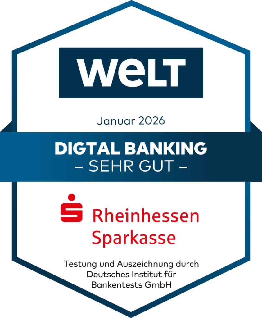 Auszeichnung mit dem Schriftzug 'WELT Januar 2026', darunter 'DIGITAL BANKING SEHR GUT', und dem roten Logo der Rheinhessen Sparkasse. Unten steht 'Testung und Auszeichnung durch Deutsches Institut für Bankentests GmbH'.