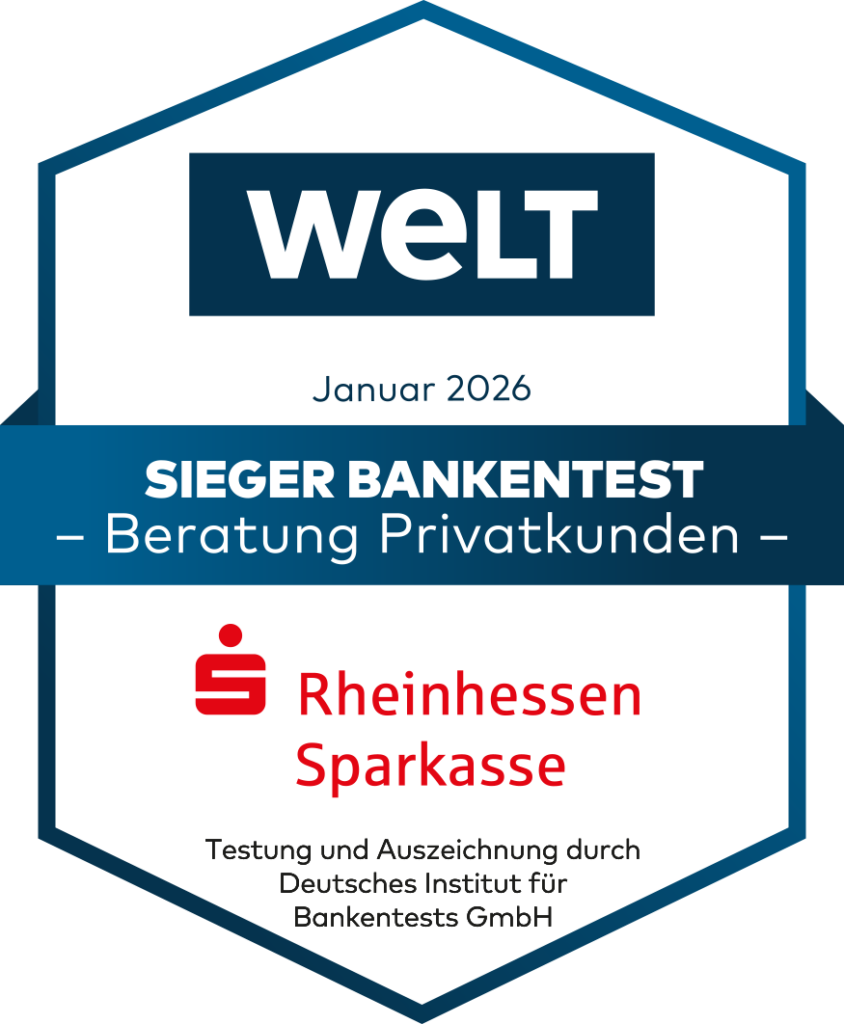 Auszeichnung von WELT für Rheinhessen Sparkasse für die Beratung Privatkunden, Januar 2026, Test und Auszeichnung durch Deutsches Institut für Bankentests GmbH.